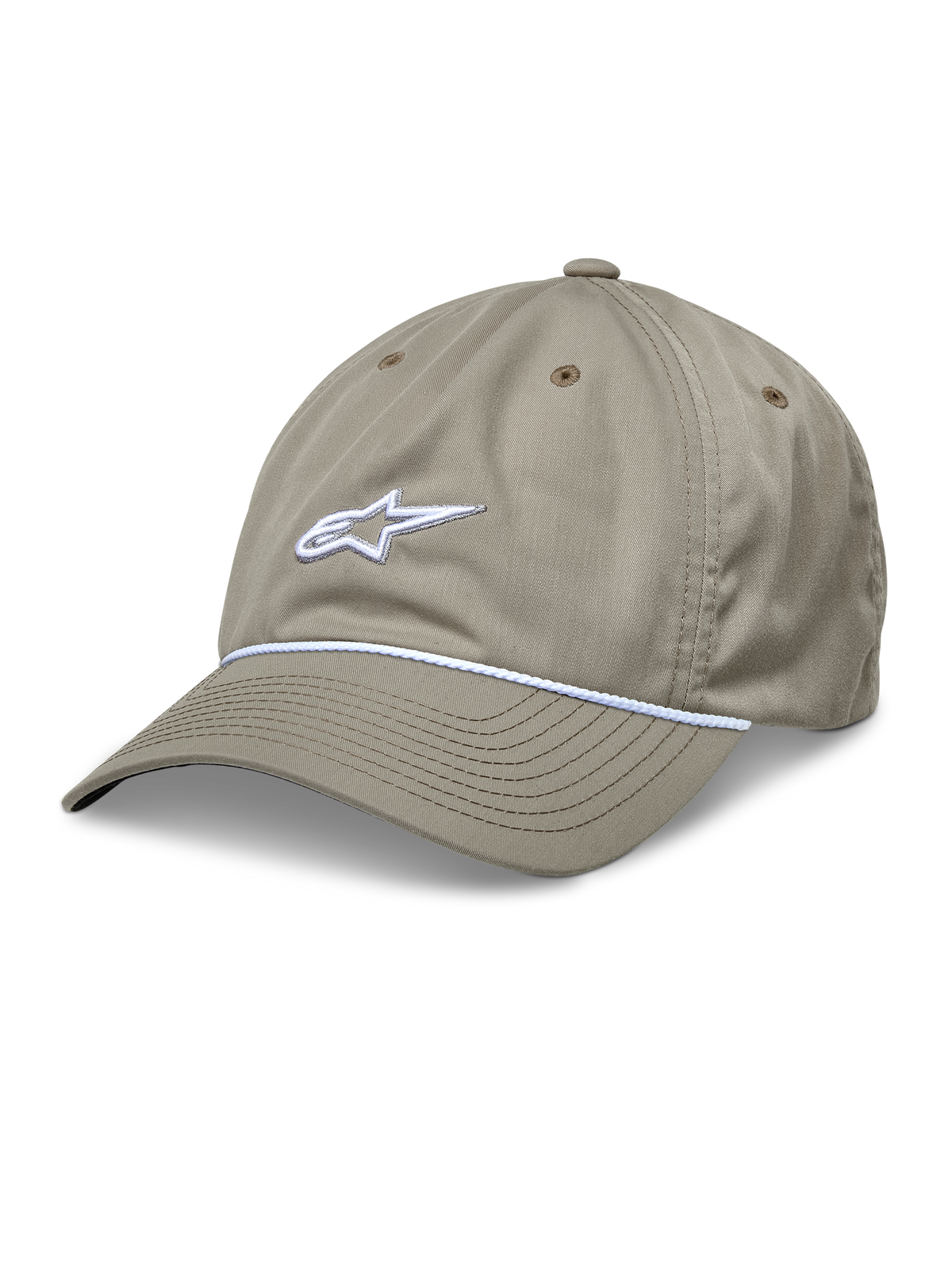 Alpinestars Tyler Hat, gorra de béisbol caqui con logotipo blanco bordado en 3D, detalle de cuerda trenzada blanca, corona baja no estructurada, visera curva y construcción de sarga reciclada con orificios de ventilación