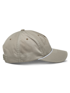Alpinestars Tyler Hat, Khaki casual snapback cap, side profile showing curved bill with white braided rope trim, unstructured low crown made of recycled twill, motorsport-inspired lifestyle headwear