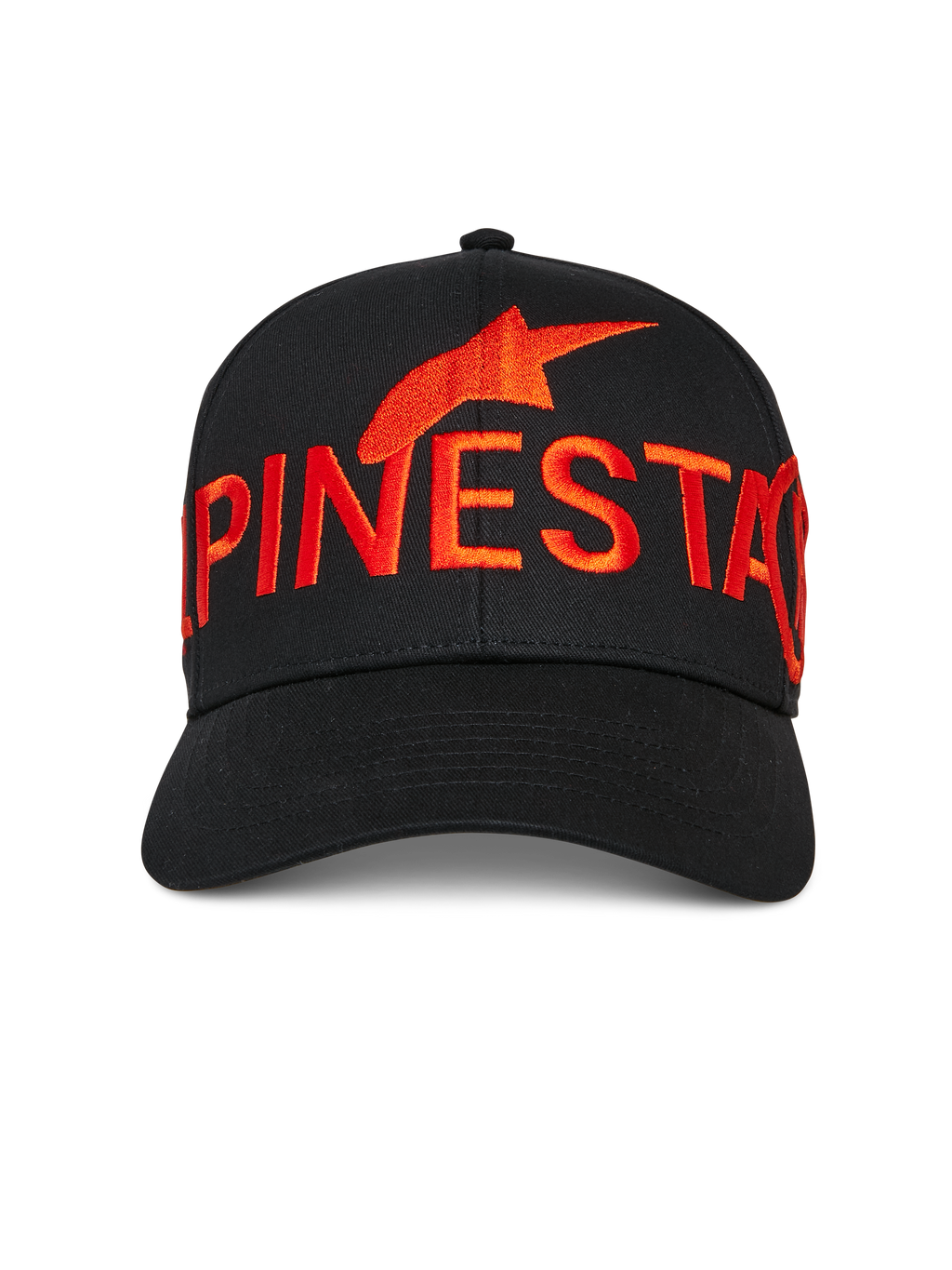 Gorra Alpinestars Committed, gorra de béisbol negra, logotipo y texto de Alpinestars bordados en rojo grande en la parte delantera, visera curvada, copa estructurada, estilo casual motorsport streetwear