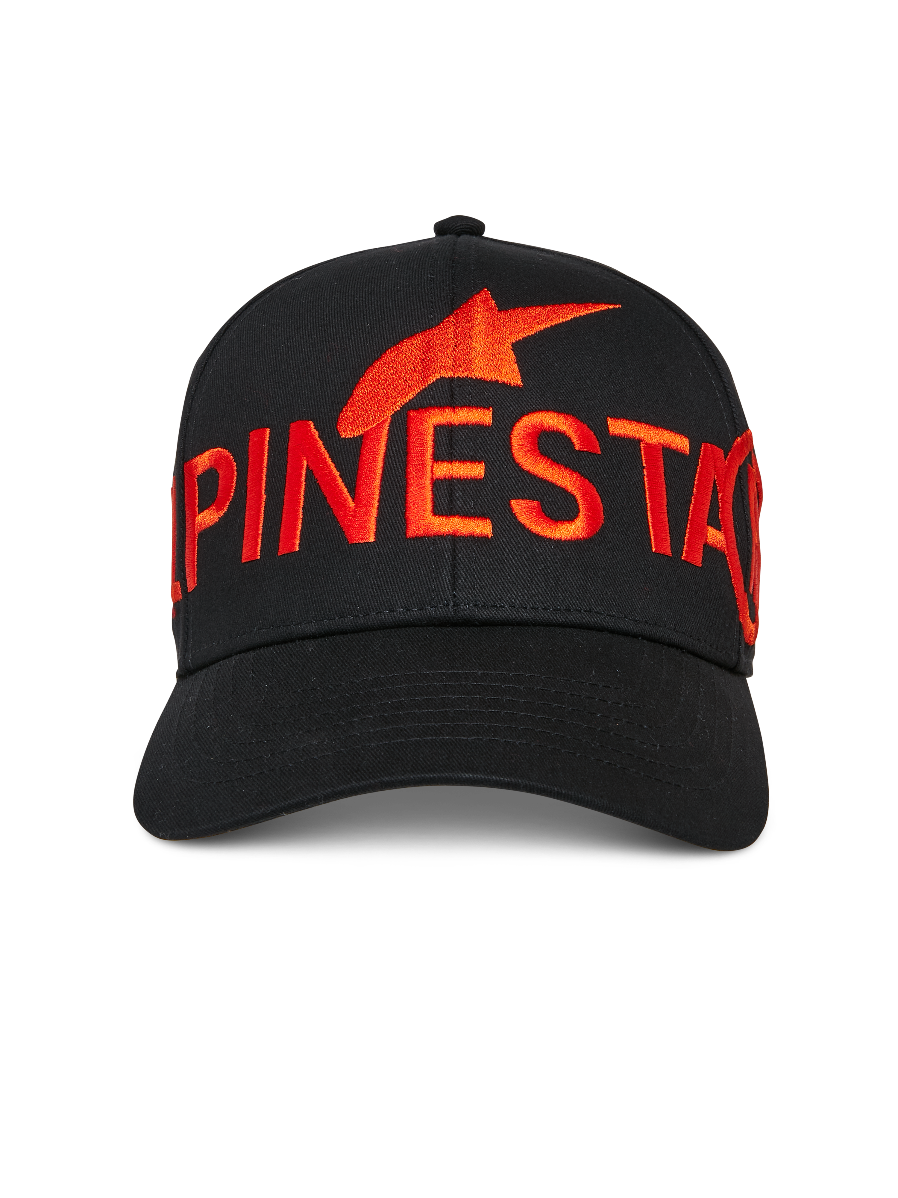 Gorra Alpinestars Committed, gorra de béisbol negra, logotipo y texto de Alpinestars bordados en rojo grande en la parte delantera, visera curvada, copa estructurada, estilo casual motorsport streetwear