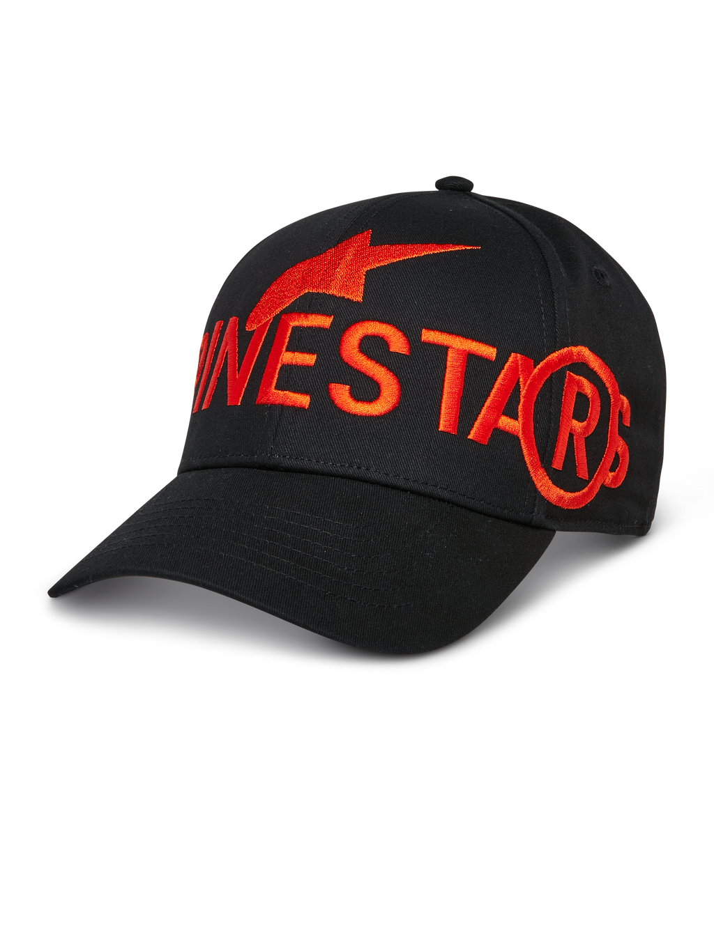 Alpinestars Committed Hat, gorra de béisbol negra, logotipo y símbolo de estrella bordados en rojo de gran tamaño, visera curva, corona estructurada, accesorio de ropa deportiva casual