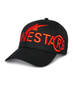 Alpinestars Committed Hat, gorra de béisbol negra, logotipo y símbolo de estrella bordados en rojo de gran tamaño, visera curva, corona estructurada, accesorio de ropa deportiva casual