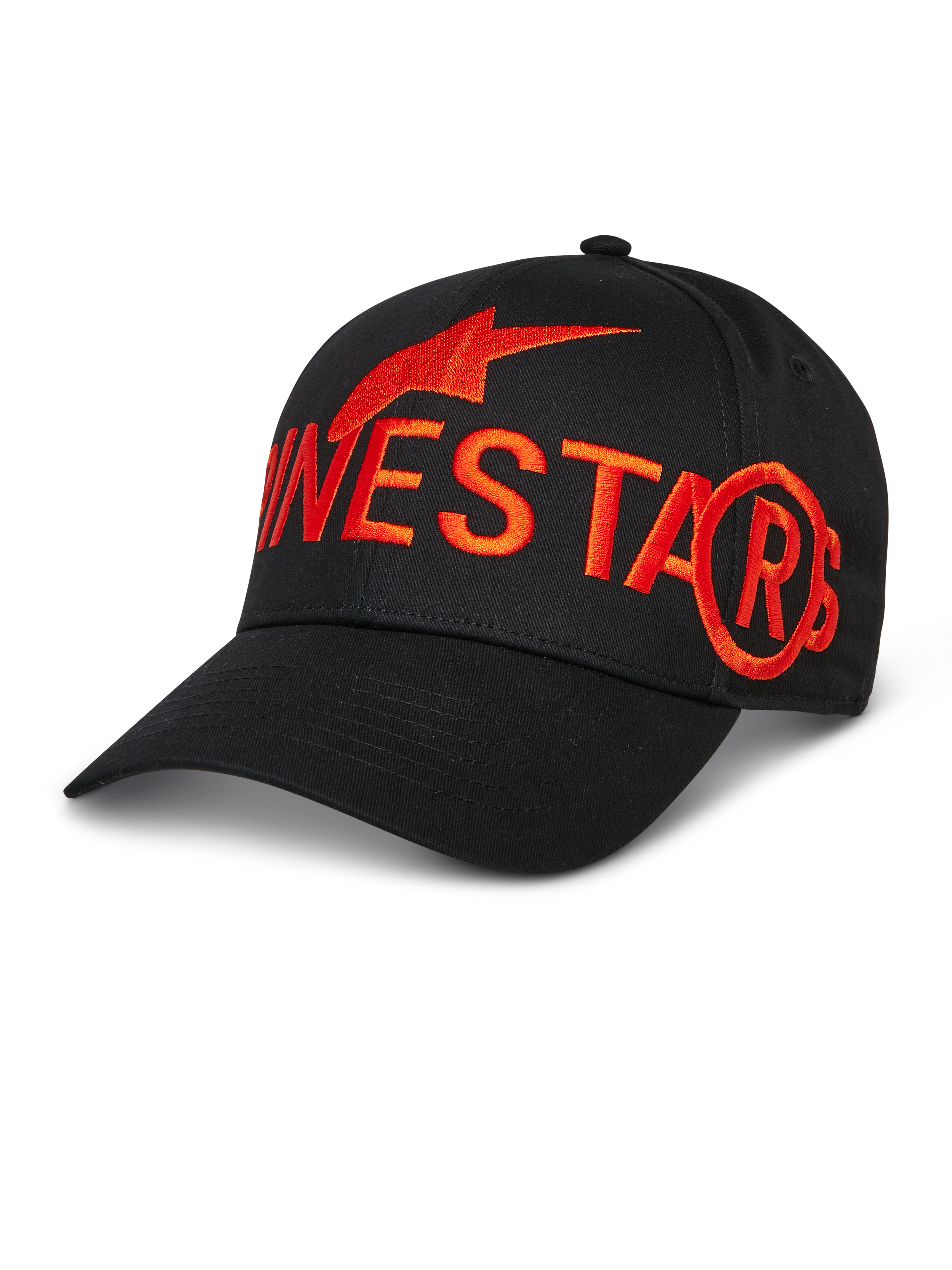 Alpinestars Committed Hat, gorra de béisbol negra, logotipo y símbolo de estrella bordados en rojo de gran tamaño, visera curva, corona estructurada, accesorio de ropa deportiva casual