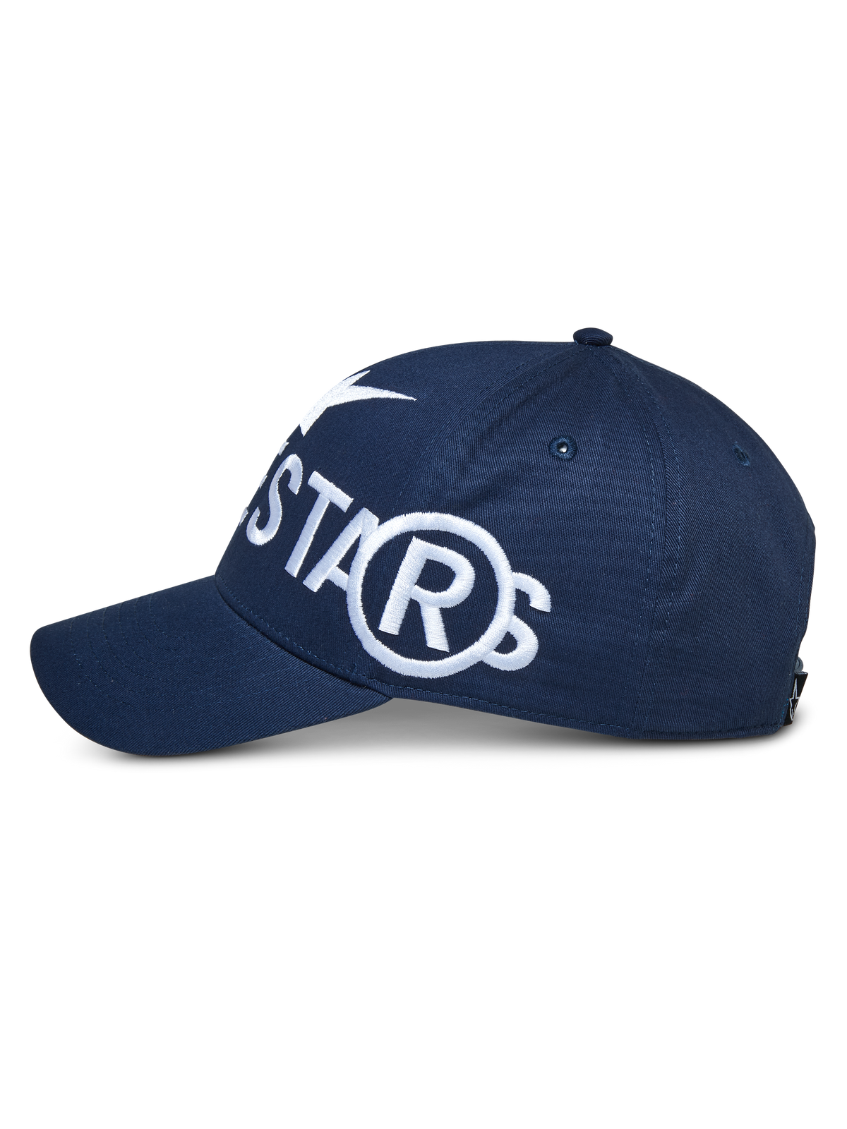 Gorra Alpinestars Committed, snapback azul marino, vista lateral con logotipo blanco bordado grande, visera curvada y copa estructurada, ropa deportiva casual