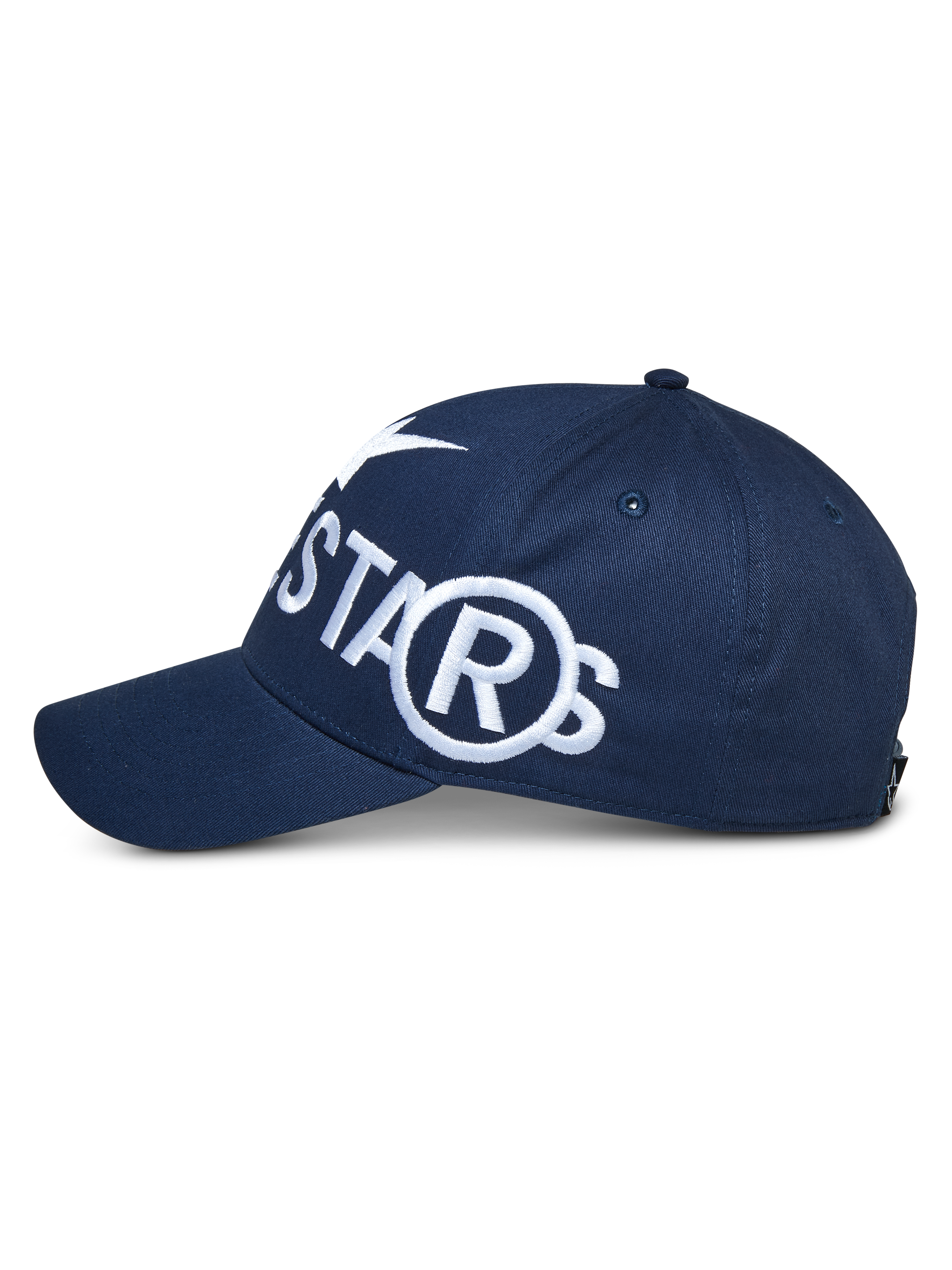 Alpinestars Committed Hat, Navy Blue Snapback, Side View with Large White Embroidered Logo, Curved Bill and Structured Crown, Casual Sportswear