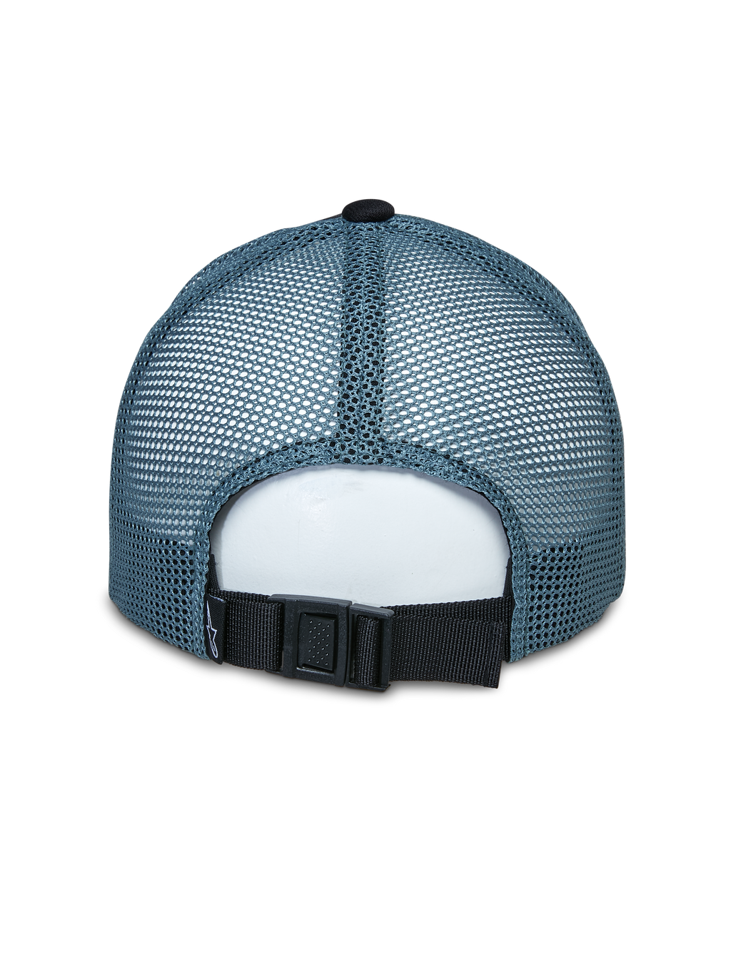 Alpinestars Vital Trucker Hat, rear view, blue mesh back panels, black adjustable buckle strap, structured crown, casual sportswear headwear