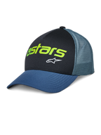 Alpinestars Vital Trucker Hat, Casual Trucker Cap, Black and Blue, Lime Green Astars Logo and White Star, Structured Crown, Curved Brim, Ventilated Mesh Back