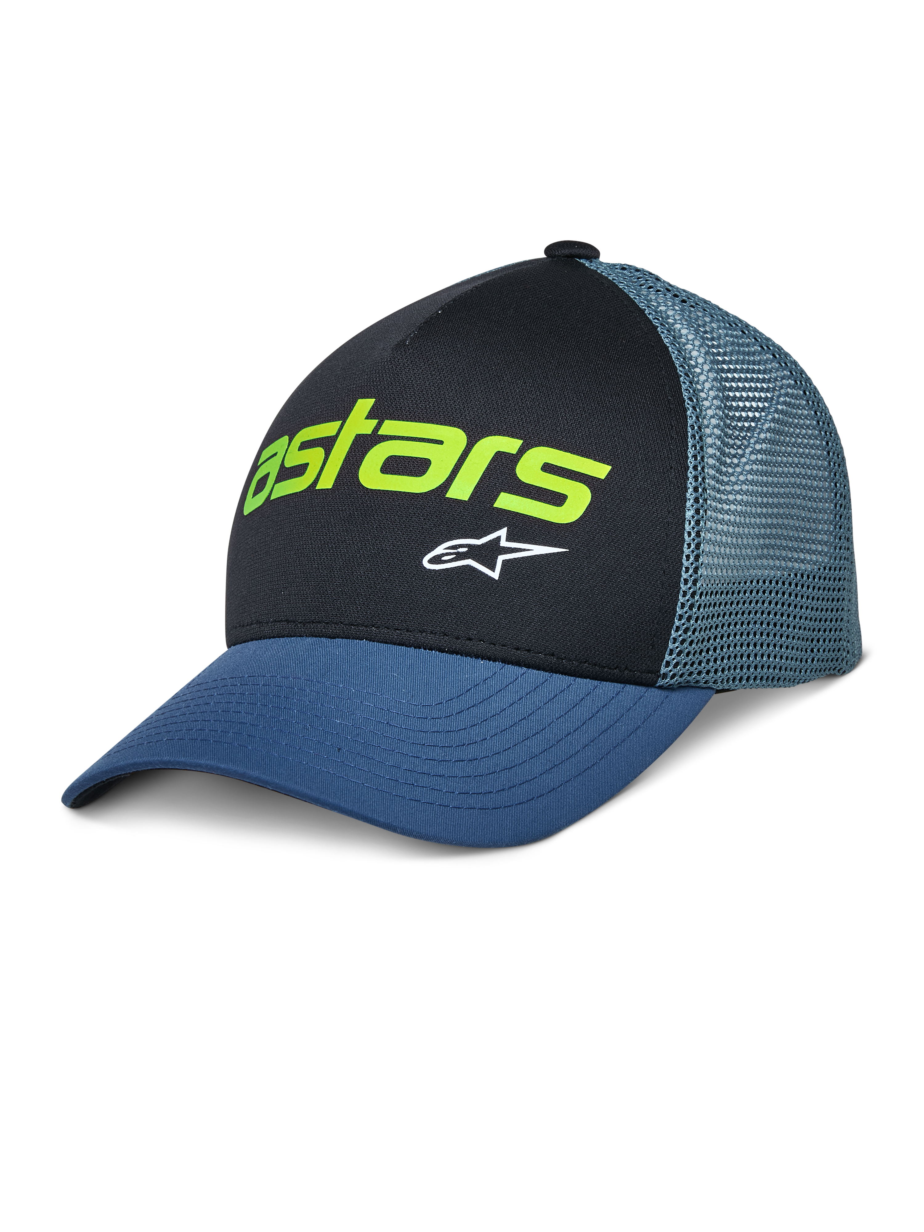 Alpinestars Vital Trucker Hat, gorra trucker casual, negra y azul, logo Astars verde lima y estrella blanca, copa estructurada, visera curva, parte trasera de malla ventilada