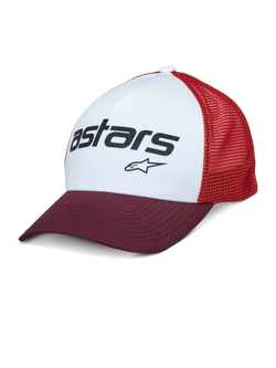 Alpinestars Vital Trucker Hat, white front panel with maroon curved bill and red mesh back, black Astars text logo, casual structured trucker cap with curved brim