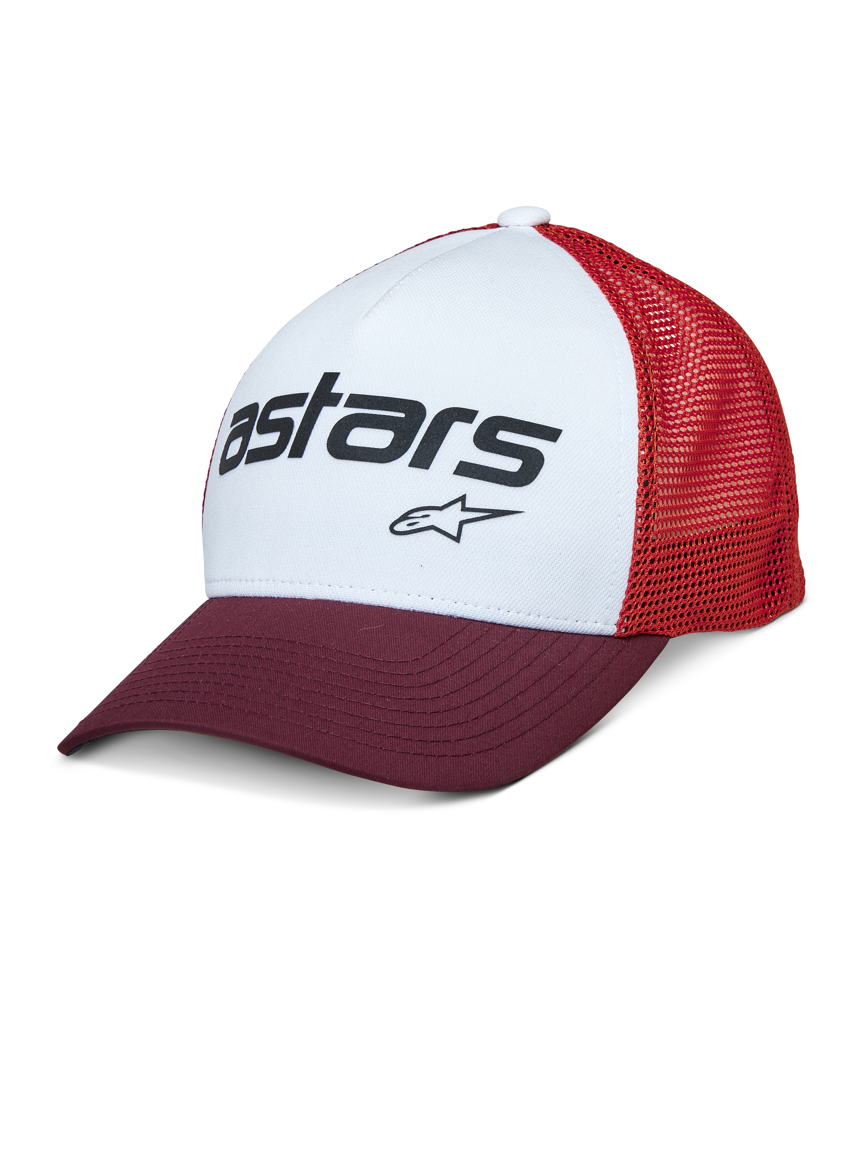 Alpinestars Vital Trucker Hat, panel frontal blanco con visera curva granate y parte trasera de malla roja, logotipo de texto Astars negro, gorra trucker estructurada casual con visera curva