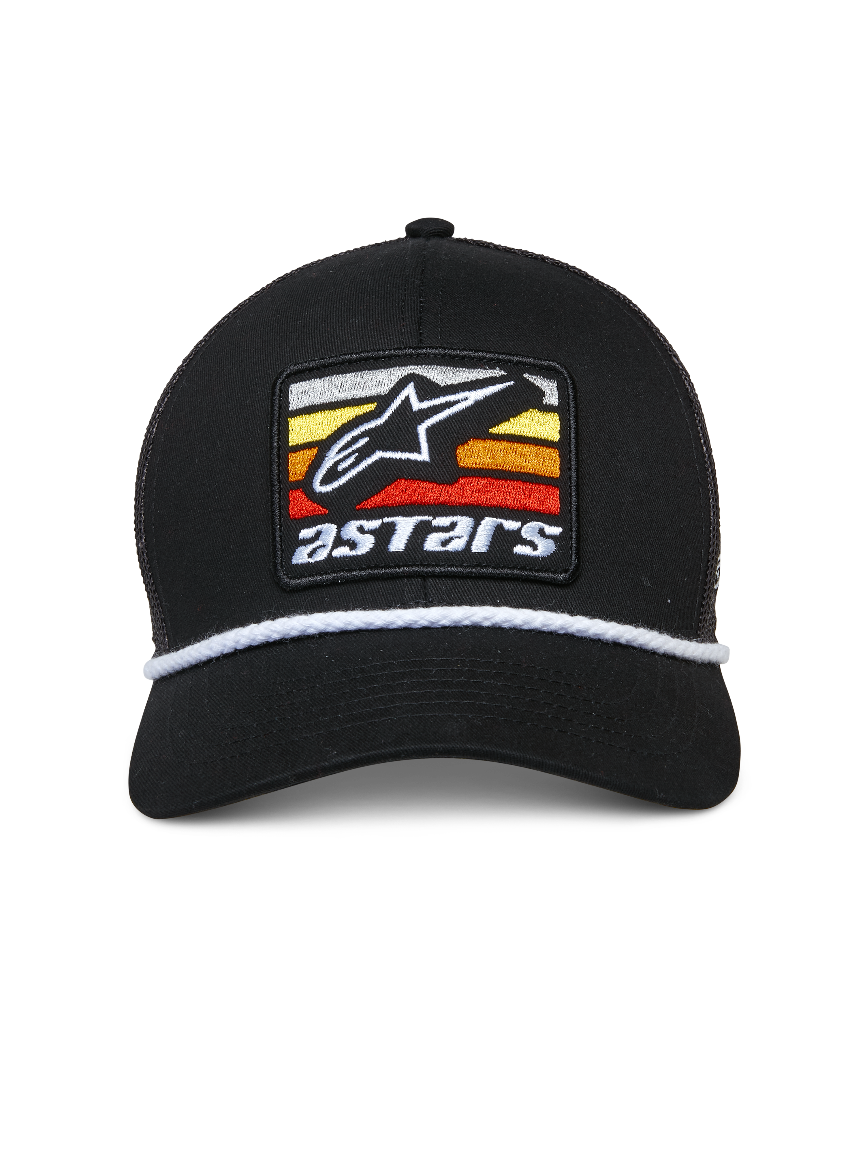 Alpinestars Selica Trucker Hat, Black, Front embroidered patch with white Astars logo and multi-colored stripes, white braided rope trim, curved bill, structured crown, casual motorsport-inspired streetwear