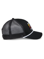 Alpinestars Selica Trucker Hat, Black Trucker Hat, side profile view featuring black mesh panels, white braided rope trim, colorful embroidered patch logo, curved bill, casual motorsport headwear