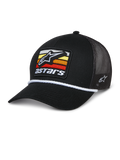 Alpinestars Selica Trucker Hat, black mesh-back cap with a curved brim, featuring a front patch with yellow, orange, and red horizontal stripes, white braided rope trim, and side embroidery, casual motorsport-inspired headwear