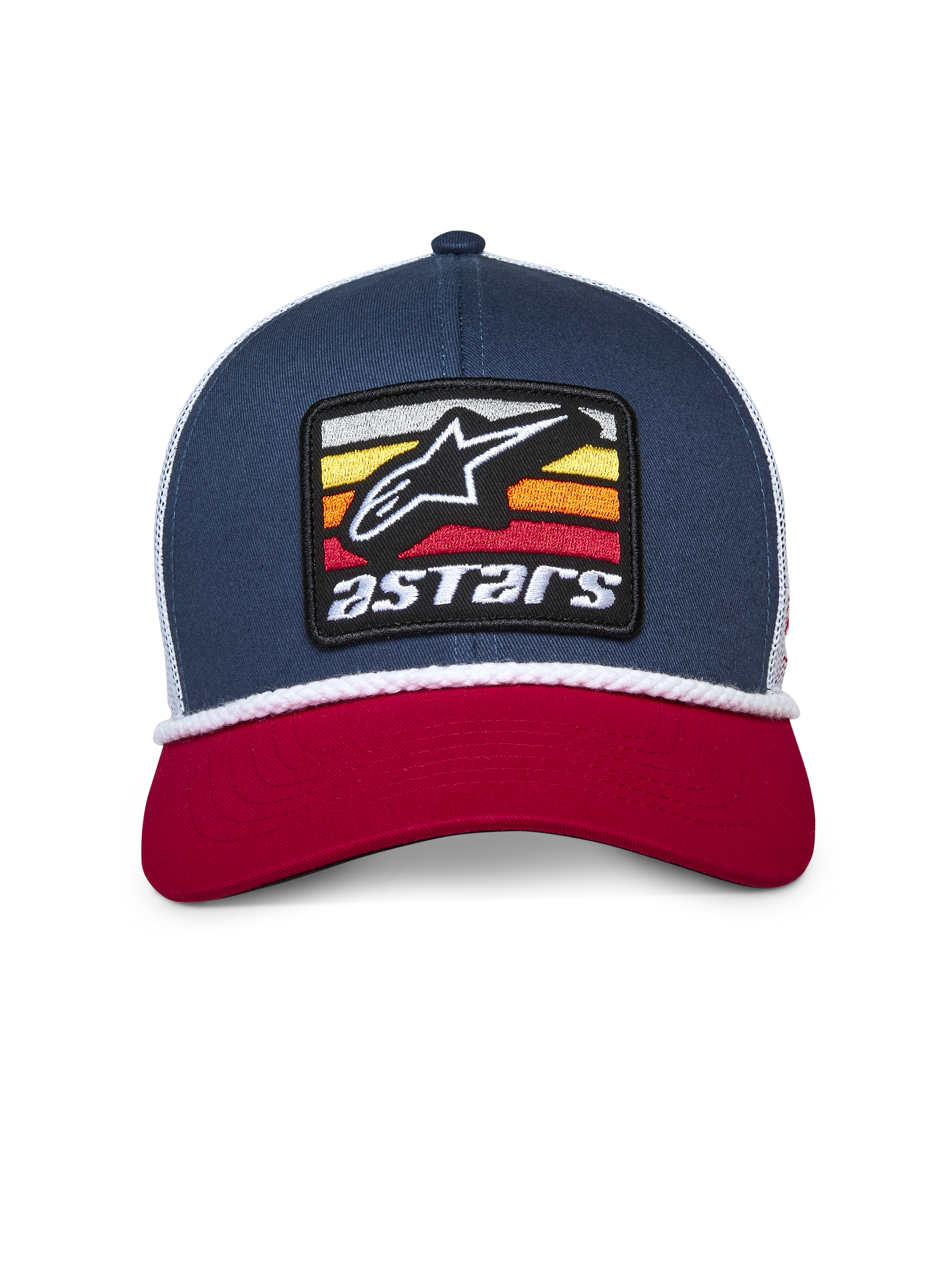 Alpinestars Selica Trucker Hat, Navy Red and White, Curved Red Bill, Navy Blue Structured Crown with White Mesh Back, Front Embroidered Astars Patch Logo with Braided White Rope Trim