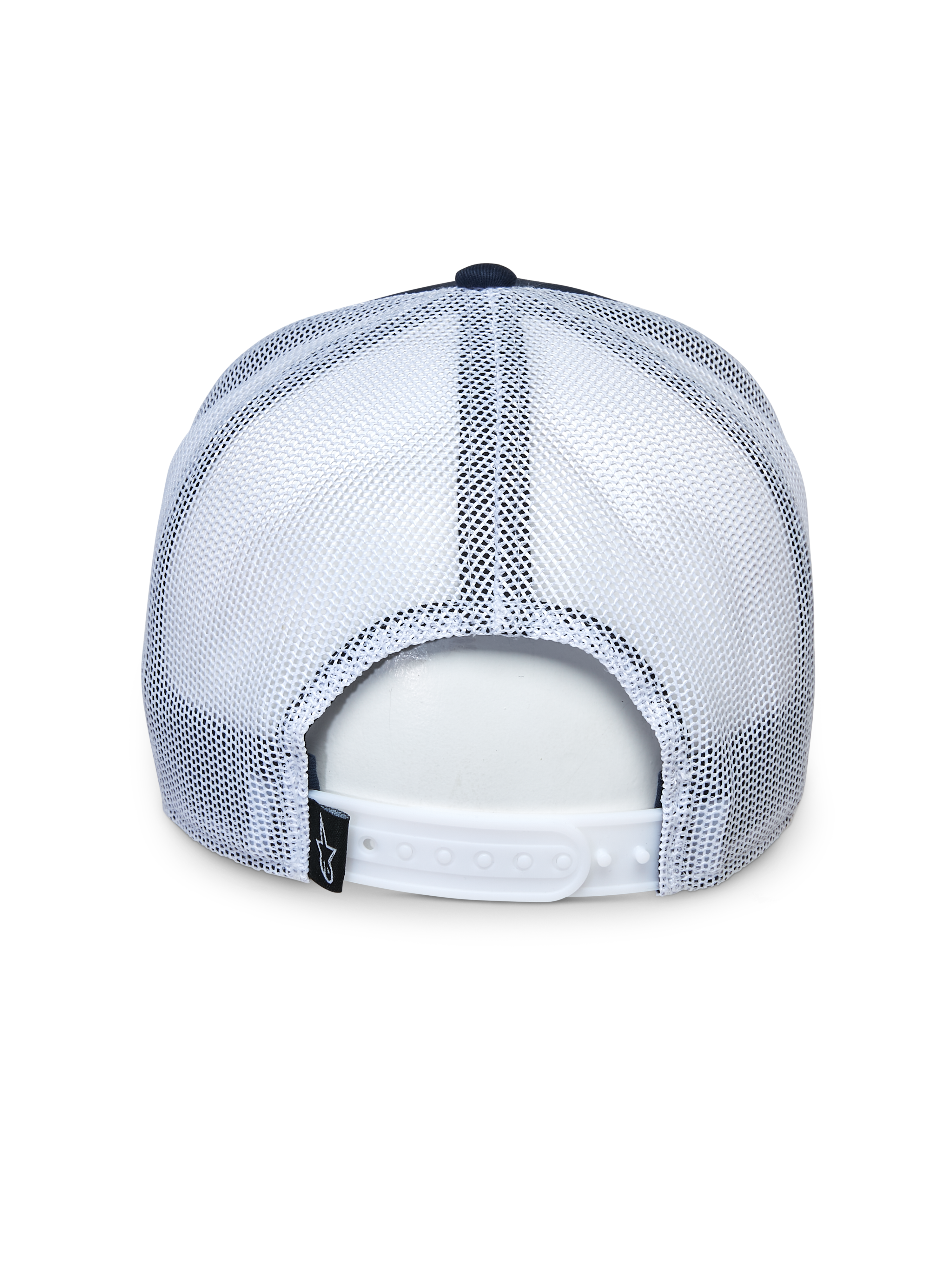 Alpinestars Selica Trucker Hat, back view, Navy and White, white mesh panels and adjustable snap-back closure, small black logo tag, casual motorsport headwear