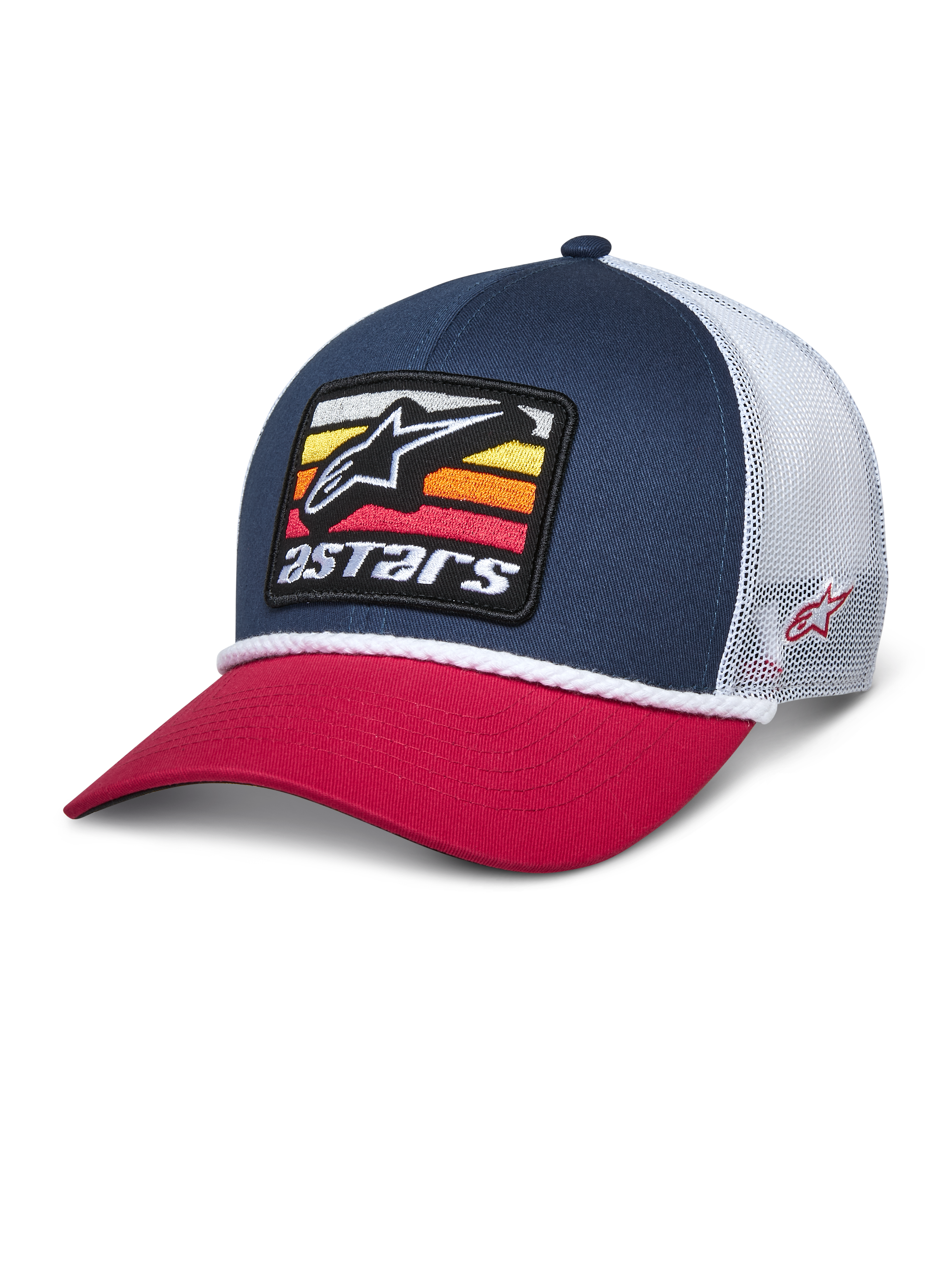 Alpinestars Selica Trucker Hat, Navy Blue and Red Snapback Cap with White mesh back, front embroidered patch featuring the star logo and colorful stripes, white braided rope trim, casual motorsport-inspired streetwear