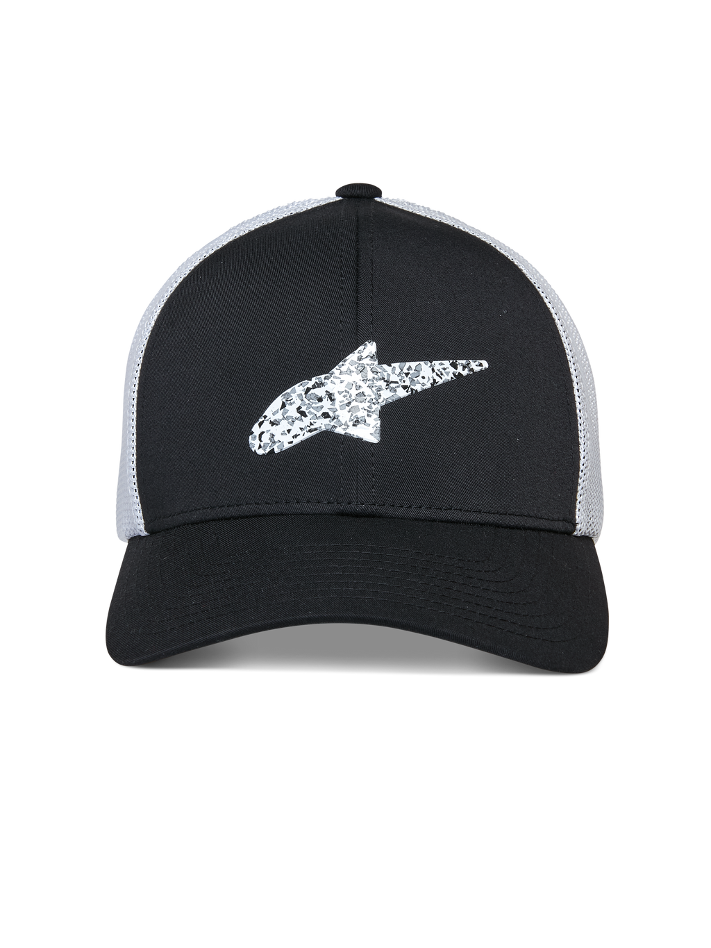 Gorra Trucker Alpinestars Terolithic, gorra de sportswear, negra con parte trasera de malla blanca, logotipo de estrella de Alpinestars blanco texturizado en la parte frontal, visera curvada y corona baja estructurada
