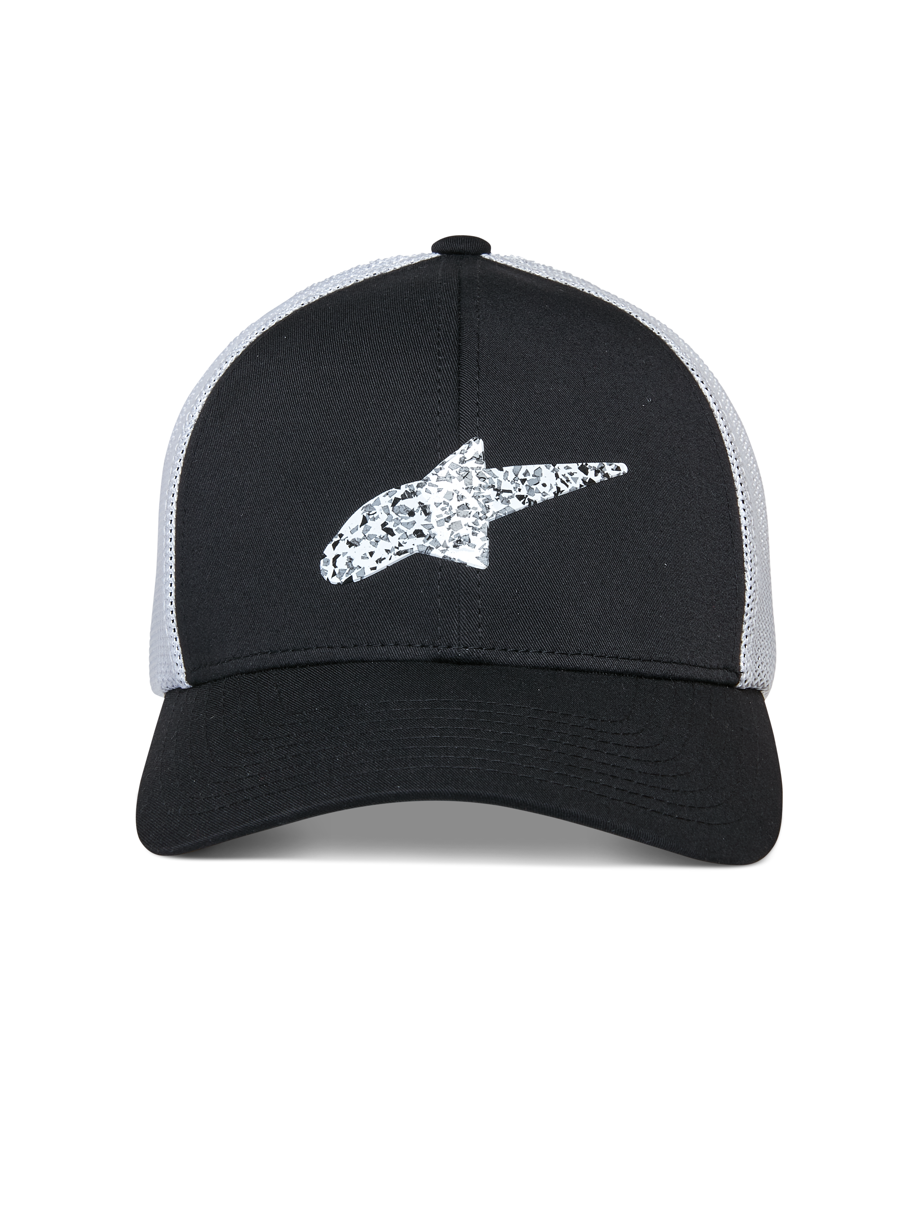 Gorra Trucker Alpinestars Terolithic, gorra de sportswear, negra con parte trasera de malla blanca, logotipo de estrella de Alpinestars blanco texturizado en la parte frontal, visera curvada y corona baja estructurada