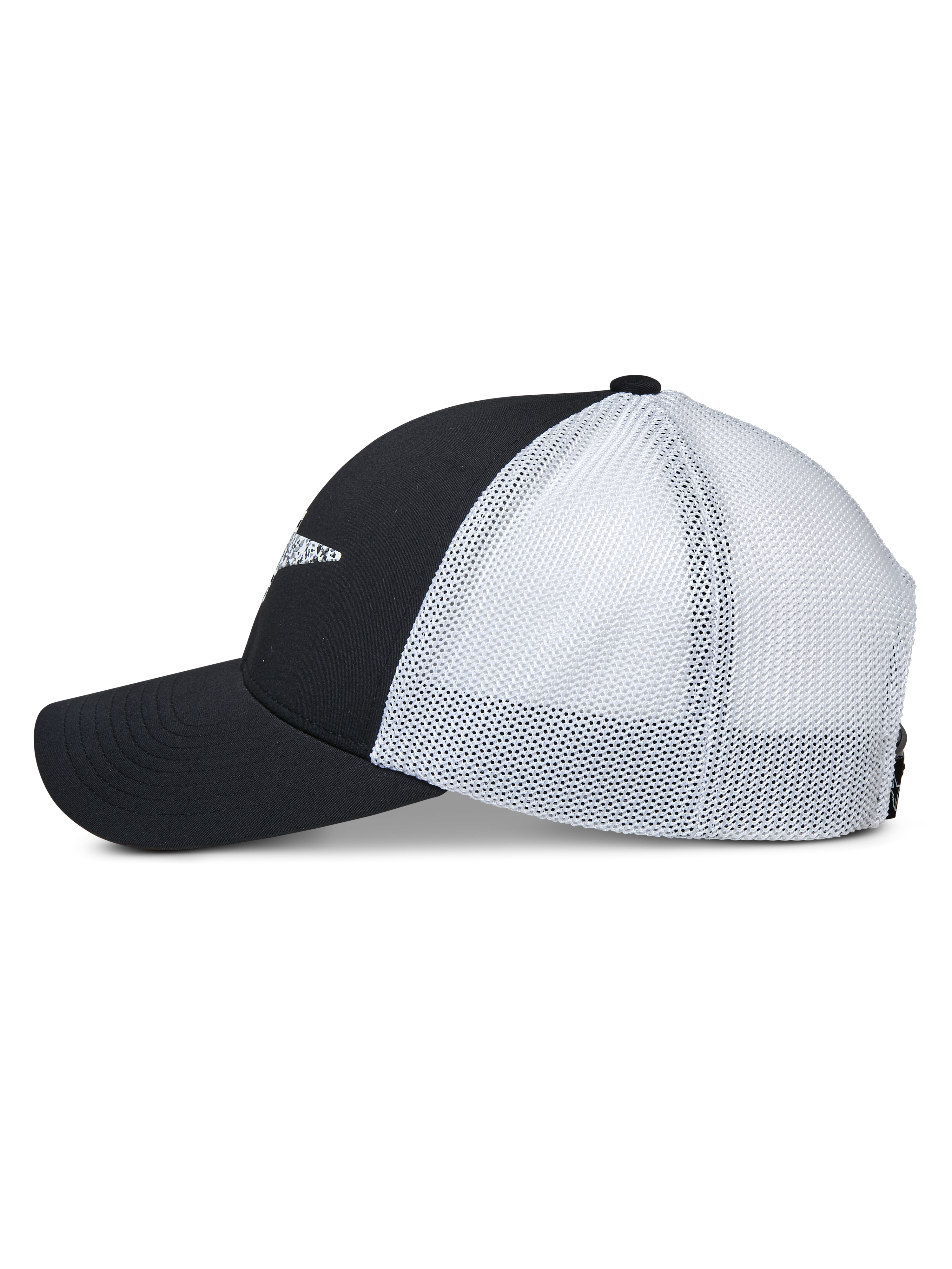 Gorra Trucker Terolithic de Alpinestars, vista de perfil lateral, paneles frontales negros y visera curva con paneles traseros de malla blanca, gorra snapback de estilo deportivo casual