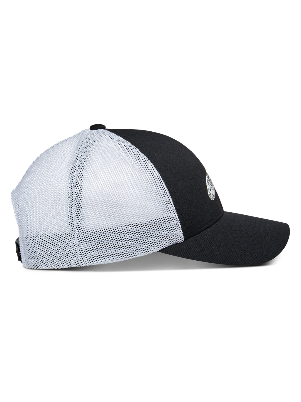 Gorra Trucker Terolithic de Alpinestars, vista lateral, panel frontal negro con visera curvada, paneles traseros de malla blanca, corona baja estructurada, gorra de estilo trucker clásico