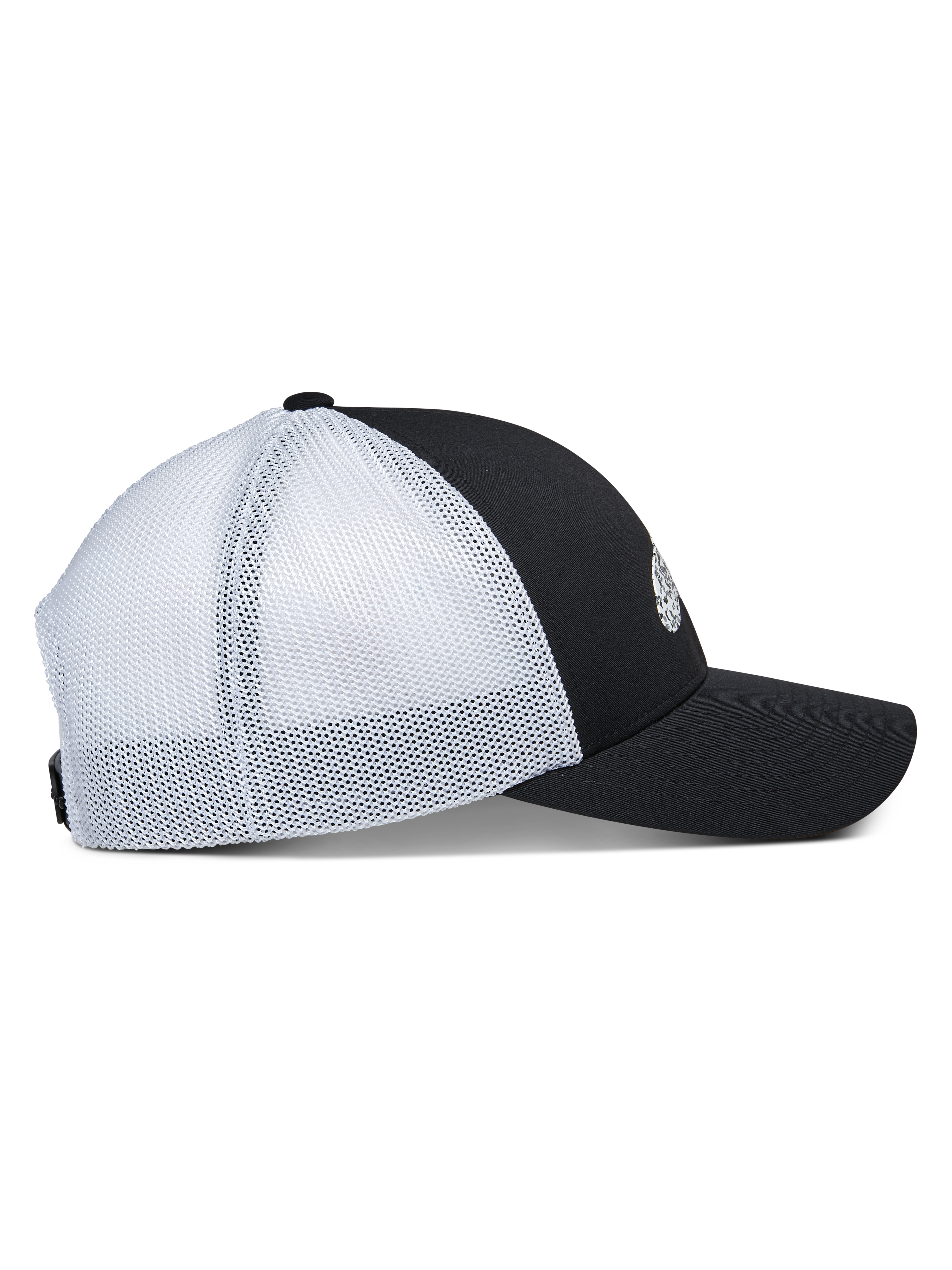 Gorra Trucker Terolithic de Alpinestars, vista lateral, panel frontal negro con visera curvada, paneles traseros de malla blanca, corona baja estructurada, gorra de estilo trucker clásico