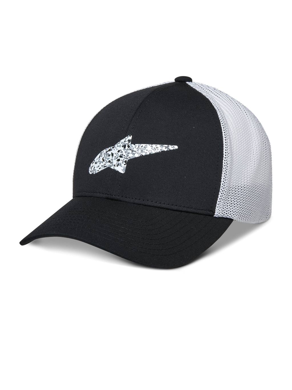 Alpinestars Terolithic Trucker Hat, gorra de béisbol negra y blanca, visera curva con logotipo de estrella en TPU con diseño, panel trasero de malla transpirable blanca, diseño de corona baja estructurada