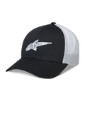 Alpinestars Terolithic Trucker Hat, gorra de béisbol negra y blanca, visera curva con logotipo de estrella en TPU con diseño, panel trasero de malla transpirable blanca, diseño de corona baja estructurada