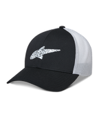 Alpinestars Terolithic Trucker Hat, gorra de béisbol negra y blanca, visera curva con logotipo de estrella en TPU con diseño, panel trasero de malla transpirable blanca, diseño de corona baja estructurada