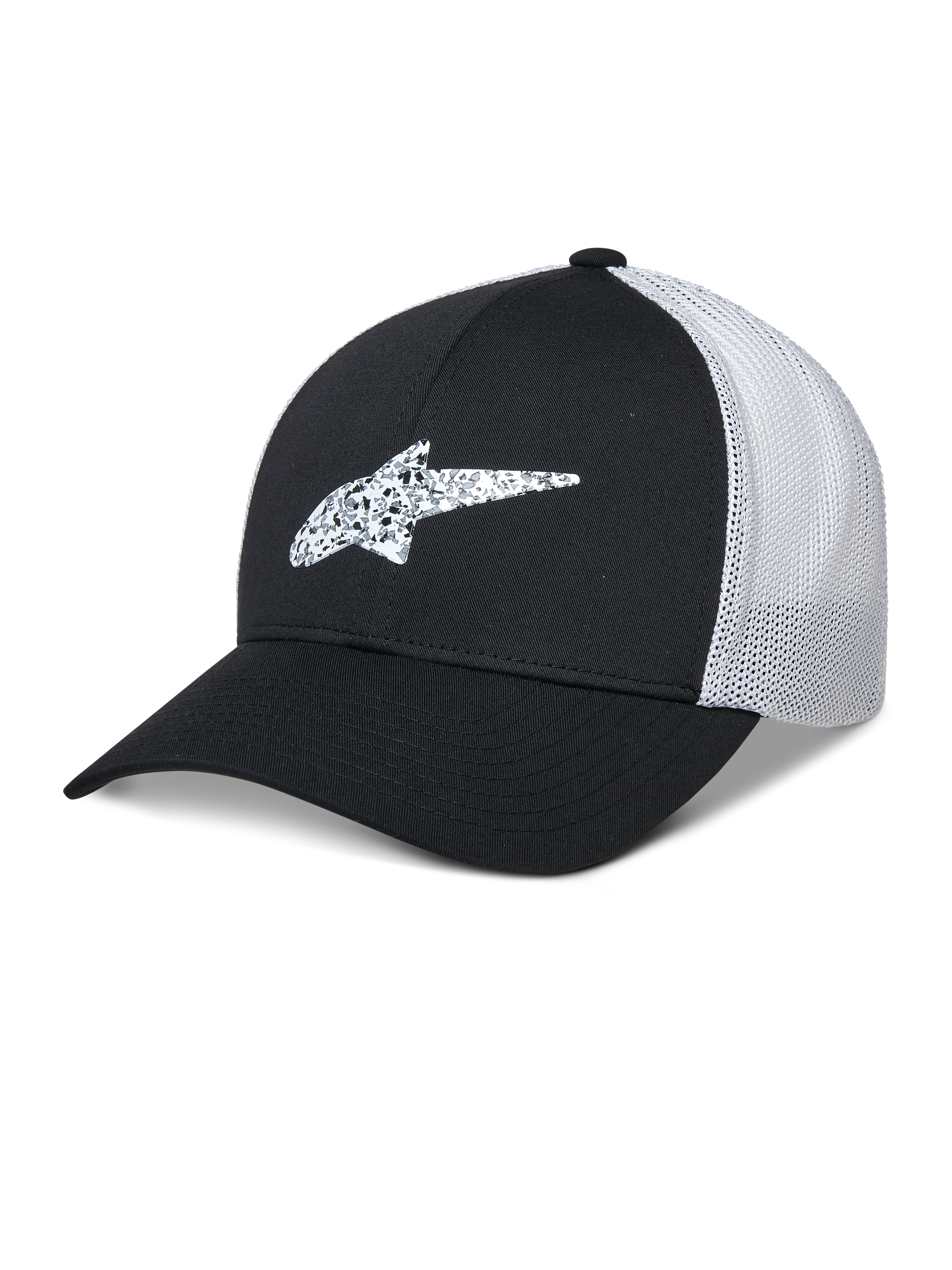Alpinestars Terolithic Trucker Hat, gorra de béisbol negra y blanca, visera curva con logotipo de estrella en TPU con diseño, panel trasero de malla transpirable blanca, diseño de corona baja estructurada