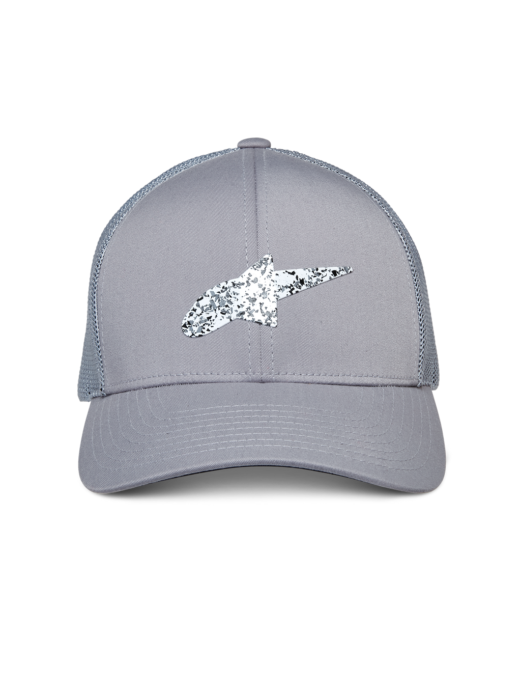 Gorra Trucker Alpinestars Terolithic, gris, con un logotipo Astar moteado en blanco y negro, visera curvada y parte trasera de malla, accesorio casual inspirado en el automovilismo