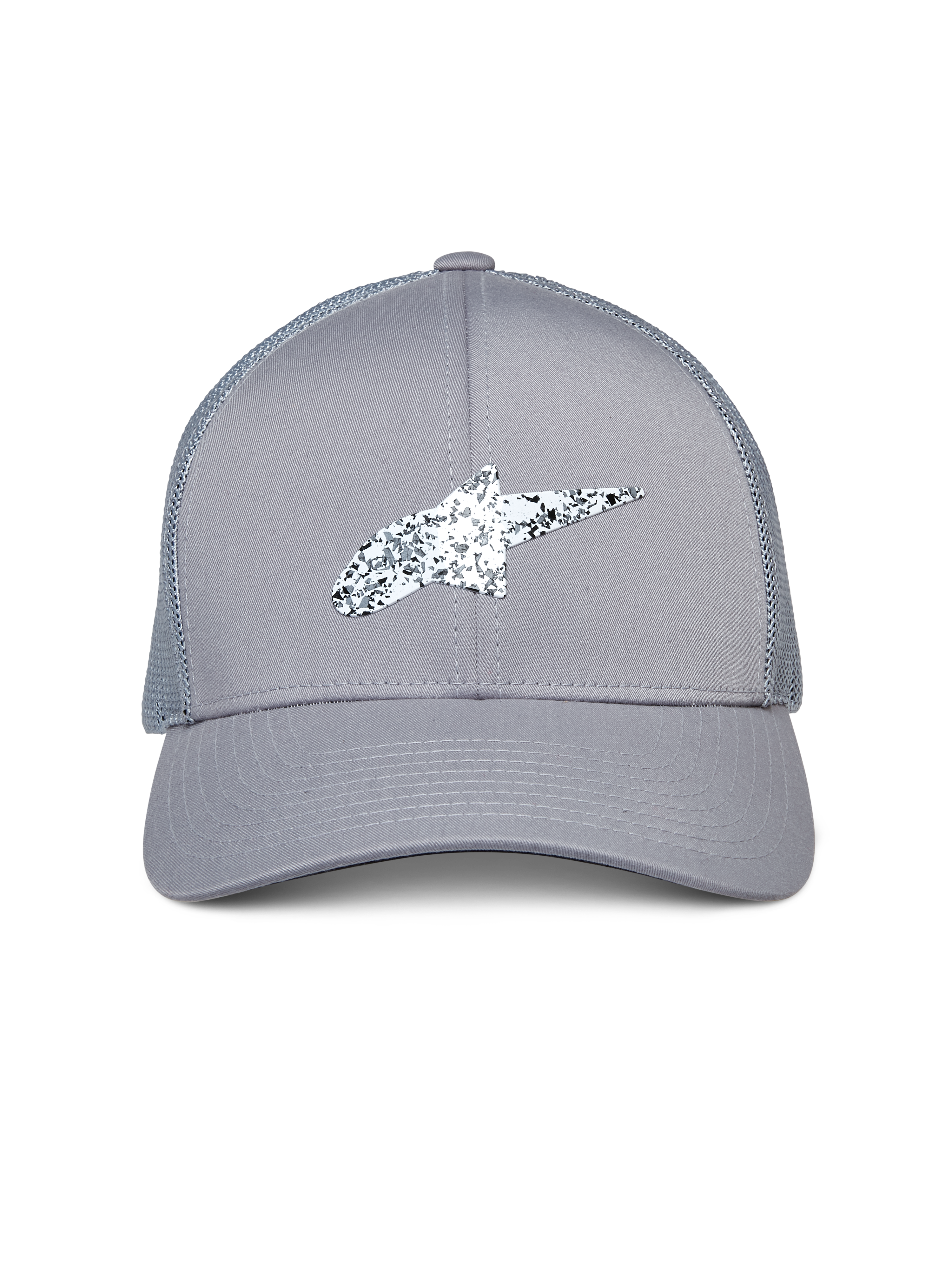 Gorra Trucker Alpinestars Terolithic, gris, con un logotipo Astar moteado en blanco y negro, visera curvada y parte trasera de malla, accesorio casual inspirado en el automovilismo