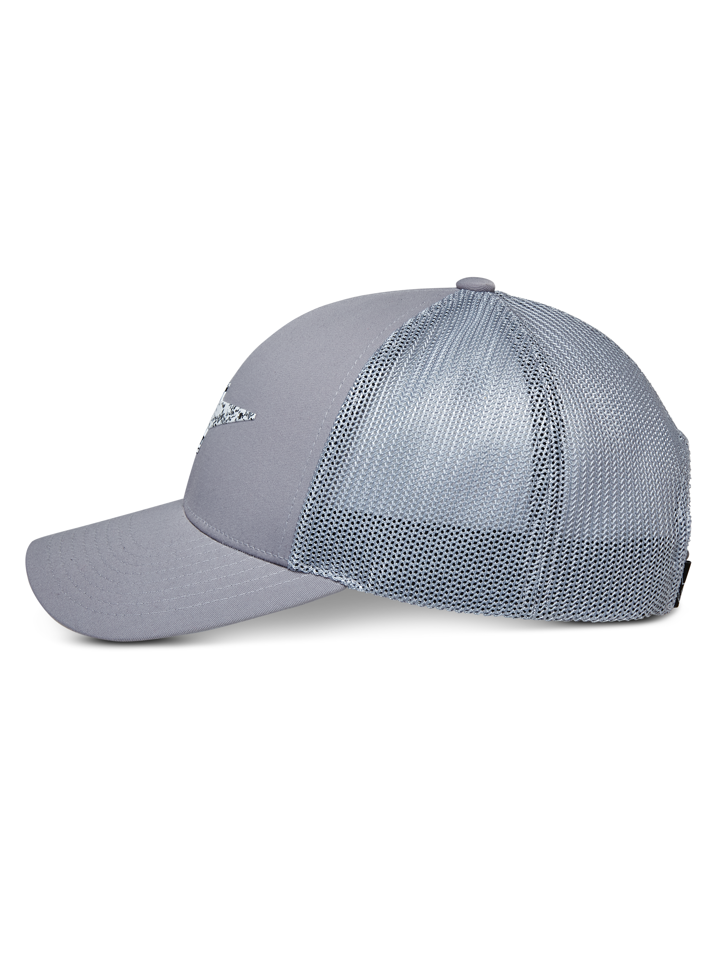 Gorra Alpinestars Terolithic Trucker, gris, gorra tipo trucker con parte trasera de malla y visera curva, vista de perfil lateral, corona baja estructurada con detalle de logotipo frontal, accesorio casual inspirado en el automovilismo