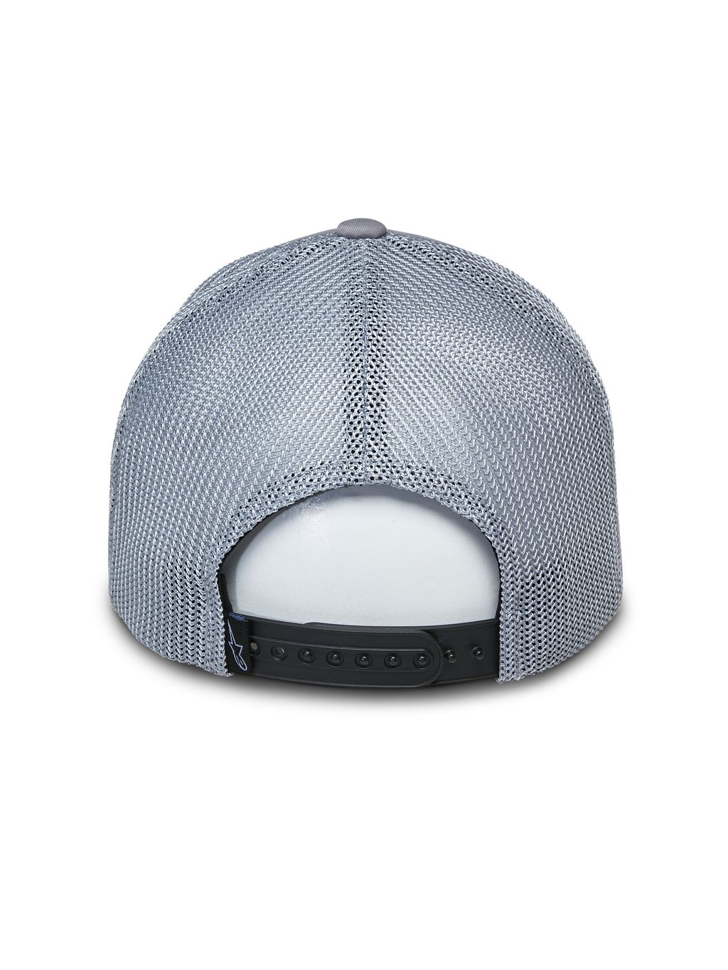 Gorra Trucker Alpinestars Terolithic, gorra gris estilo trucker, vista trasera con paneles de malla gris y cierre snapback negro, accesorio casual inspirado en el motor