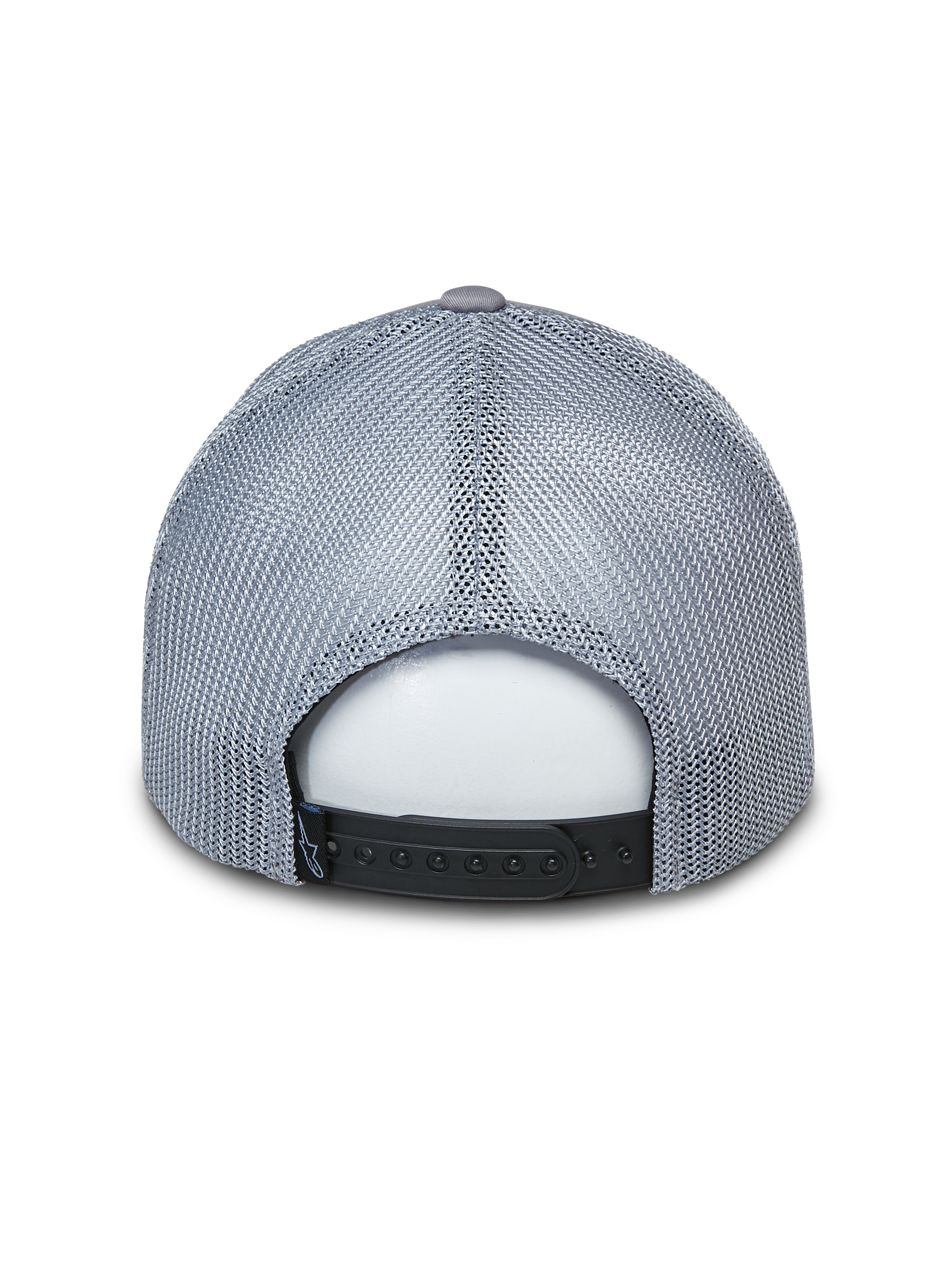 Gorra Trucker Alpinestars Terolithic, gorra gris estilo trucker, vista trasera con paneles de malla gris y cierre snapback negro, accesorio casual inspirado en el motor