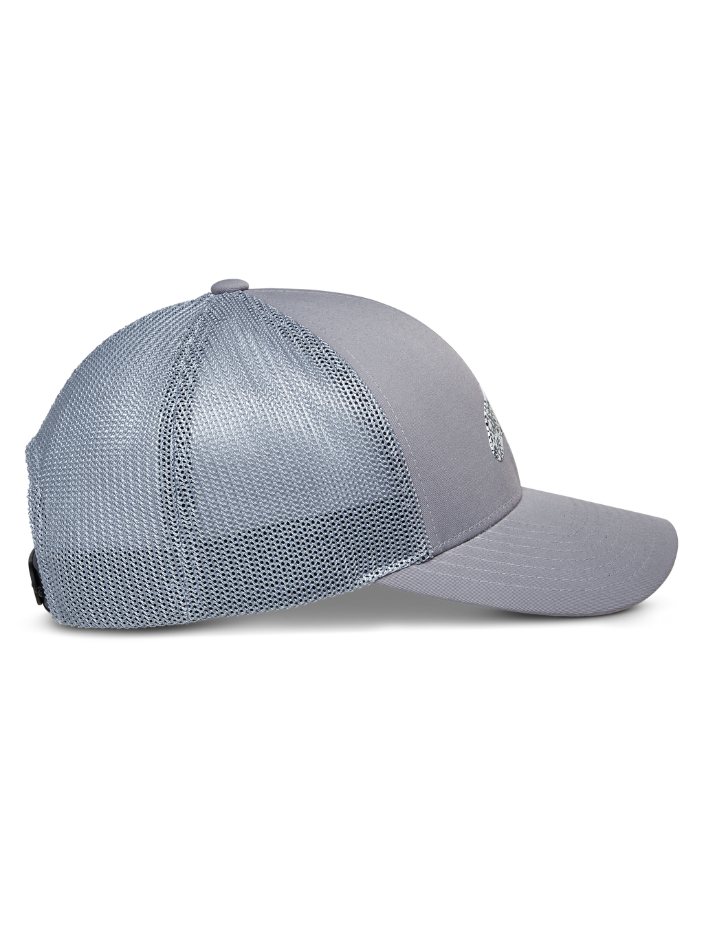 Gorra Trucker Terolithic de Alpinestars, gris, vista de perfil lateral con visera curvada y paneles traseros de malla, corona baja estructurada, diseño deportivo casual