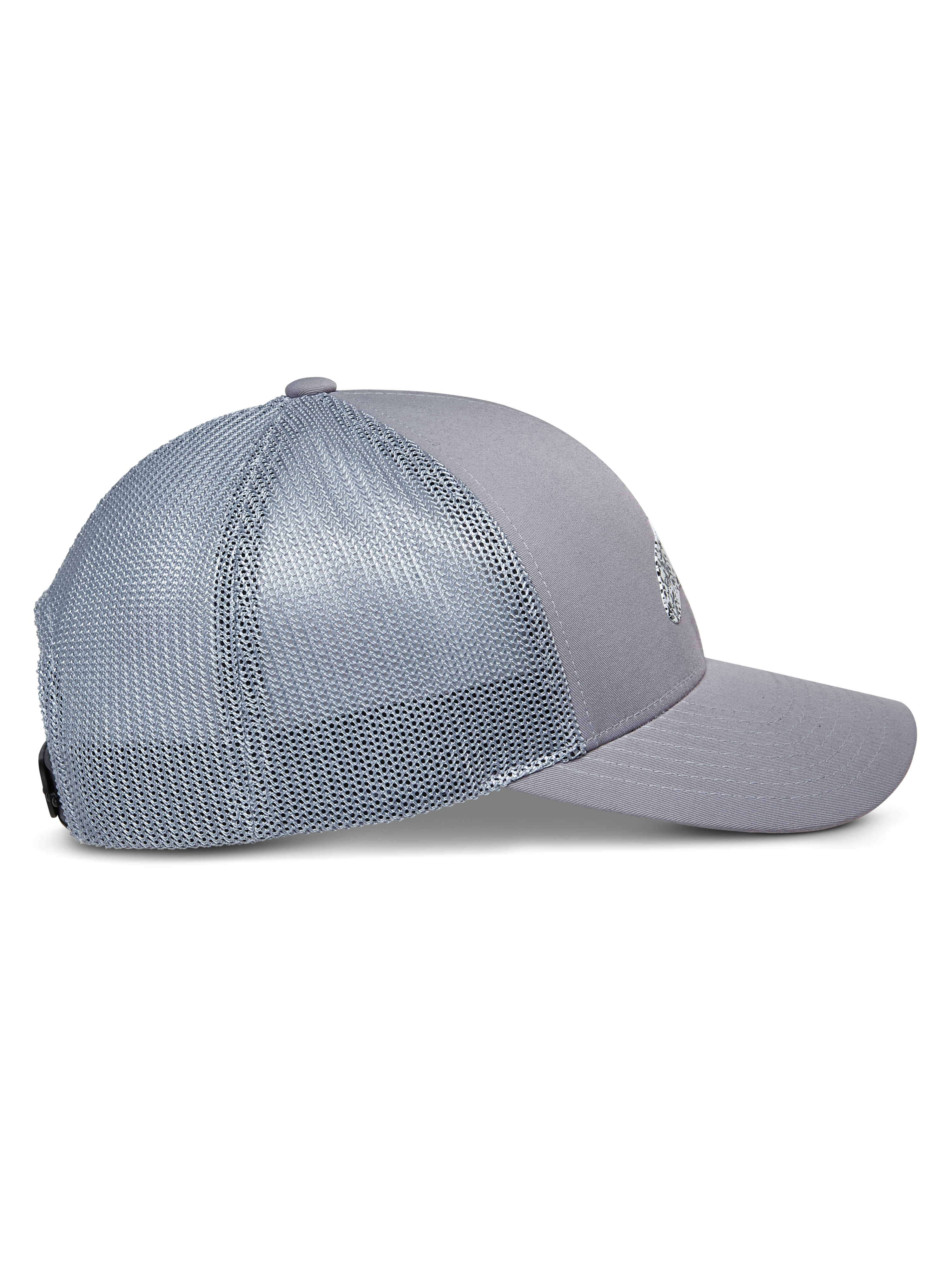 Gorra Trucker Terolithic de Alpinestars, gris, vista de perfil lateral con visera curvada y paneles traseros de malla, corona baja estructurada, diseño deportivo casual