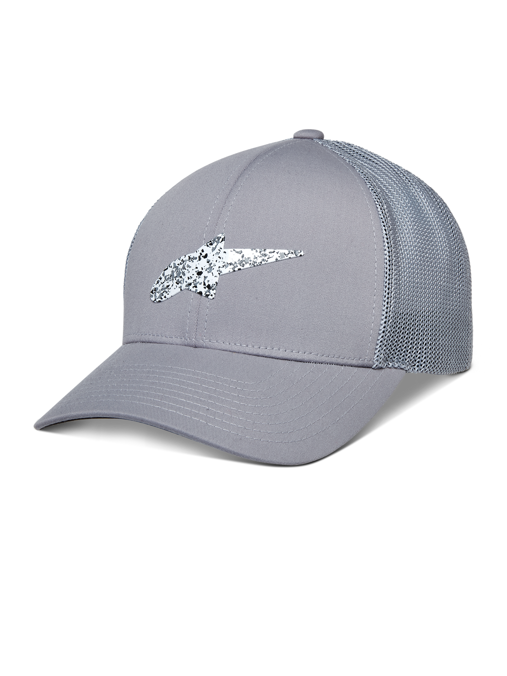 Alpinestars Terolithic Trucker Hat, gorra trucker gris, visera curva con parte trasera de malla, logo de TPU con motas blancas y negras, estilo deportivo casual
