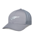 Alpinestars Terolithic Trucker Hat, gorra trucker gris, visera curva con parte trasera de malla, logo de TPU con motas blancas y negras, estilo deportivo casual