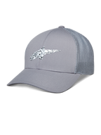 Alpinestars Terolithic Trucker Hat, gorra trucker gris, visera curva con parte trasera de malla, logo de TPU con motas blancas y negras, estilo deportivo casual
