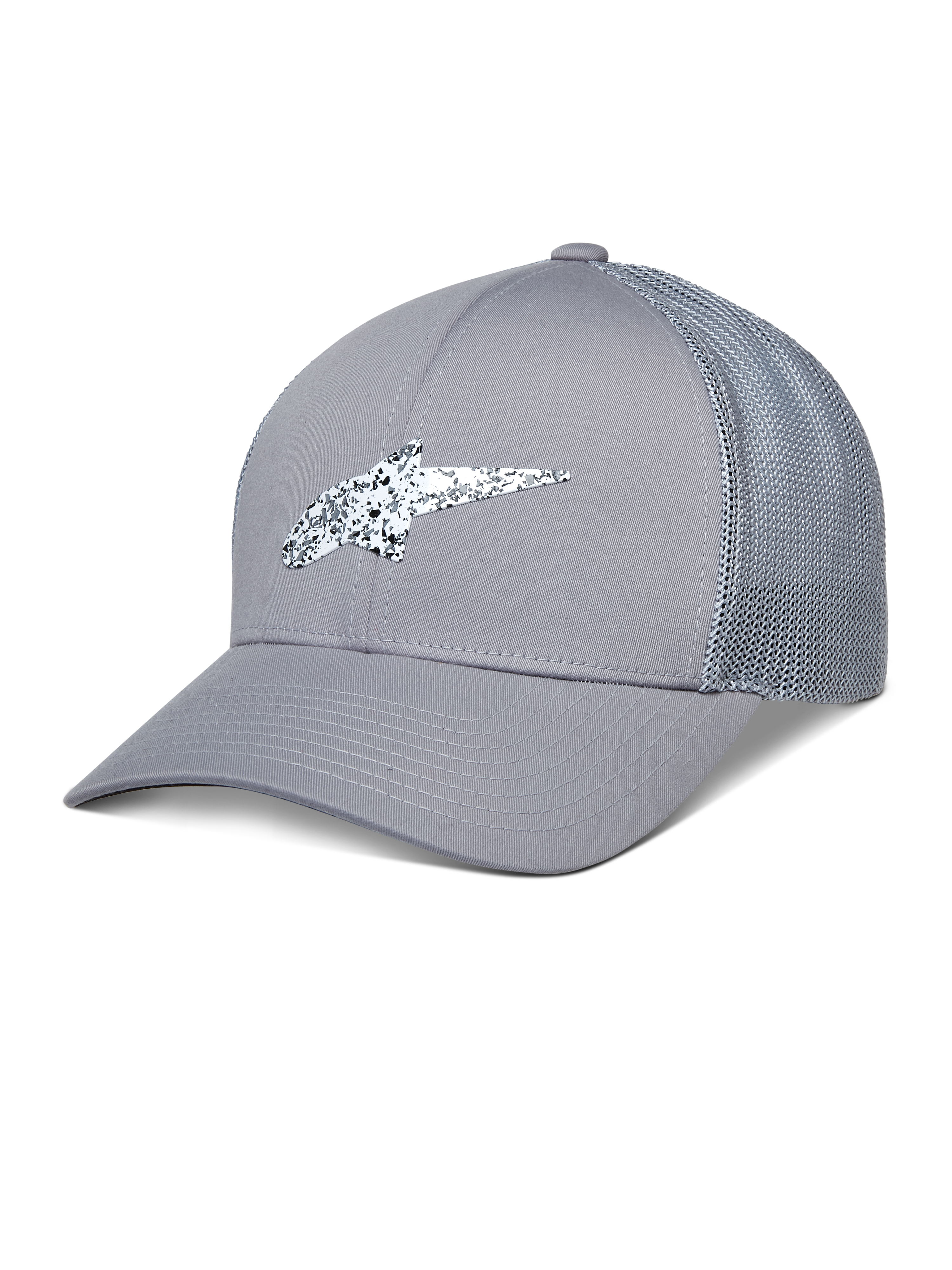 Alpinestars Terolithic Trucker Hat, gorra trucker gris, visera curva con parte trasera de malla, logo de TPU con motas blancas y negras, estilo deportivo casual