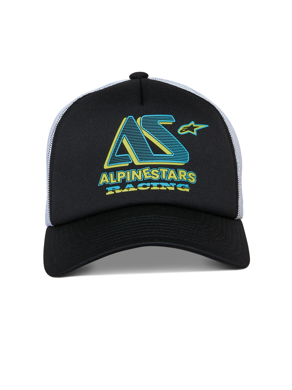 Gorra Alpinestars Ayess Trucker, gorra tipo snapback, negro y blanco, gráfico de Alpinestars Racing en verde azulado y amarillo sobre la corona de espuma, visera curva y parte trasera de malla blanca, diseño casual inspirado en el automovilismo