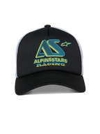 Gorra Alpinestars Ayess Trucker, gorra tipo snapback, negro y blanco, gráfico de Alpinestars Racing en verde azulado y amarillo sobre la corona de espuma, visera curva y parte trasera de malla blanca, diseño casual inspirado en el automovilismo