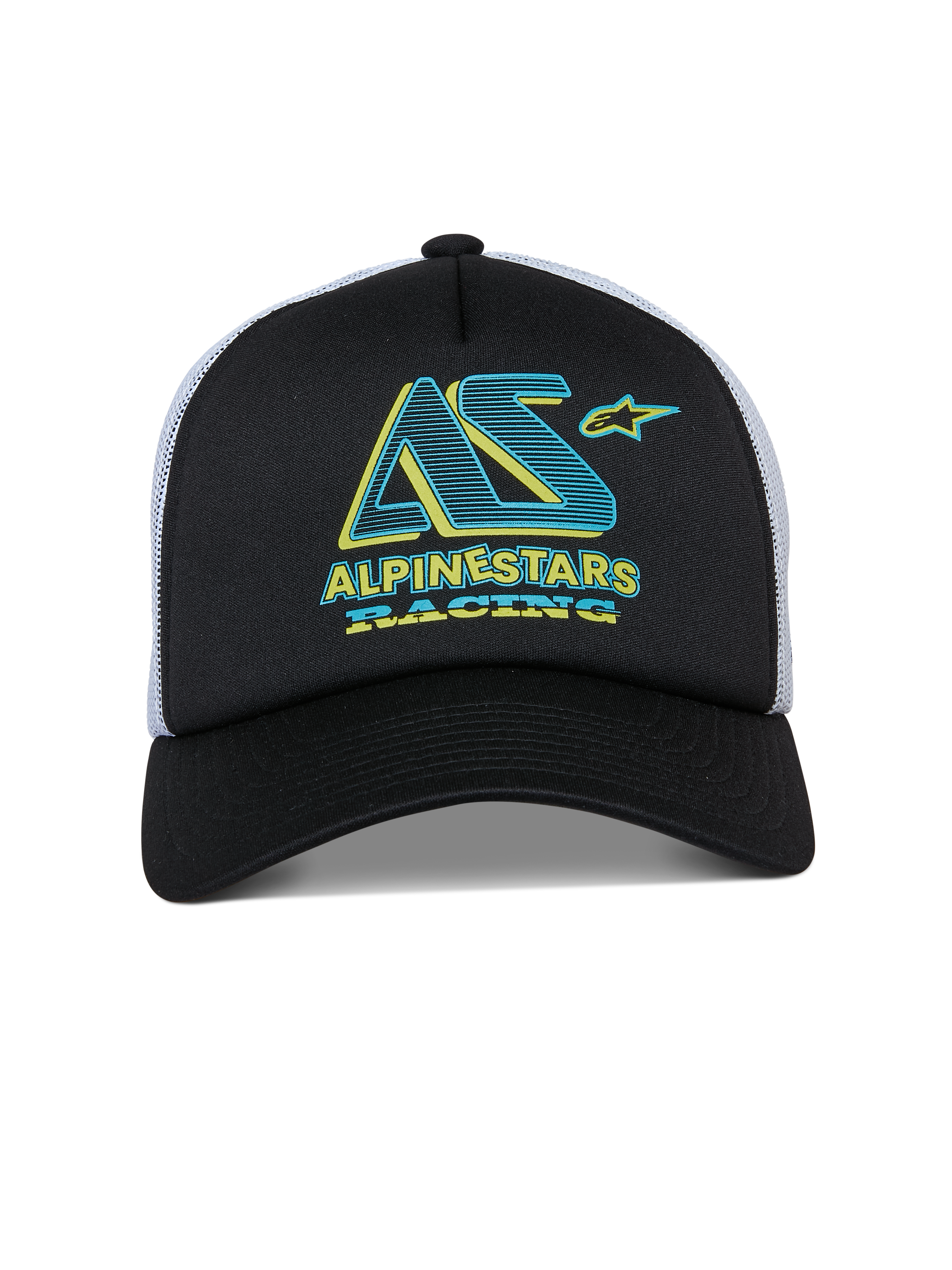 Gorra Alpinestars Ayess Trucker, gorra tipo snapback, negro y blanco, gráfico de Alpinestars Racing en verde azulado y amarillo sobre la corona de espuma, visera curva y parte trasera de malla blanca, diseño casual inspirado en el automovilismo