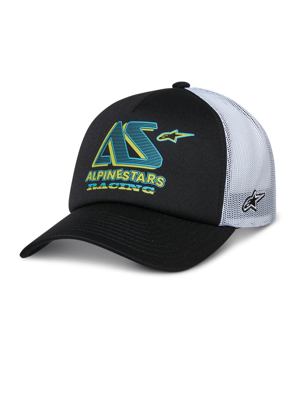 Gorra Alpinestars Ayess Trucker, gorra trucker en blanco y negro con visera curva y paneles de malla blanca, logo AS en color verde azulado y amarillo con texto Alpinestars Racing, logo de estrella lateral, ropa deportiva casual de motorsport