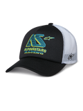 Gorra Alpinestars Ayess Trucker, gorra trucker en blanco y negro con visera curva y paneles de malla blanca, logo AS en color verde azulado y amarillo con texto Alpinestars Racing, logo de estrella lateral, ropa deportiva casual de motorsport