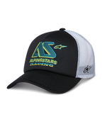 Gorra Alpinestars Ayess Trucker, gorra trucker en blanco y negro con visera curva y paneles de malla blanca, logo AS en color verde azulado y amarillo con texto Alpinestars Racing, logo de estrella lateral, ropa deportiva casual de motorsport