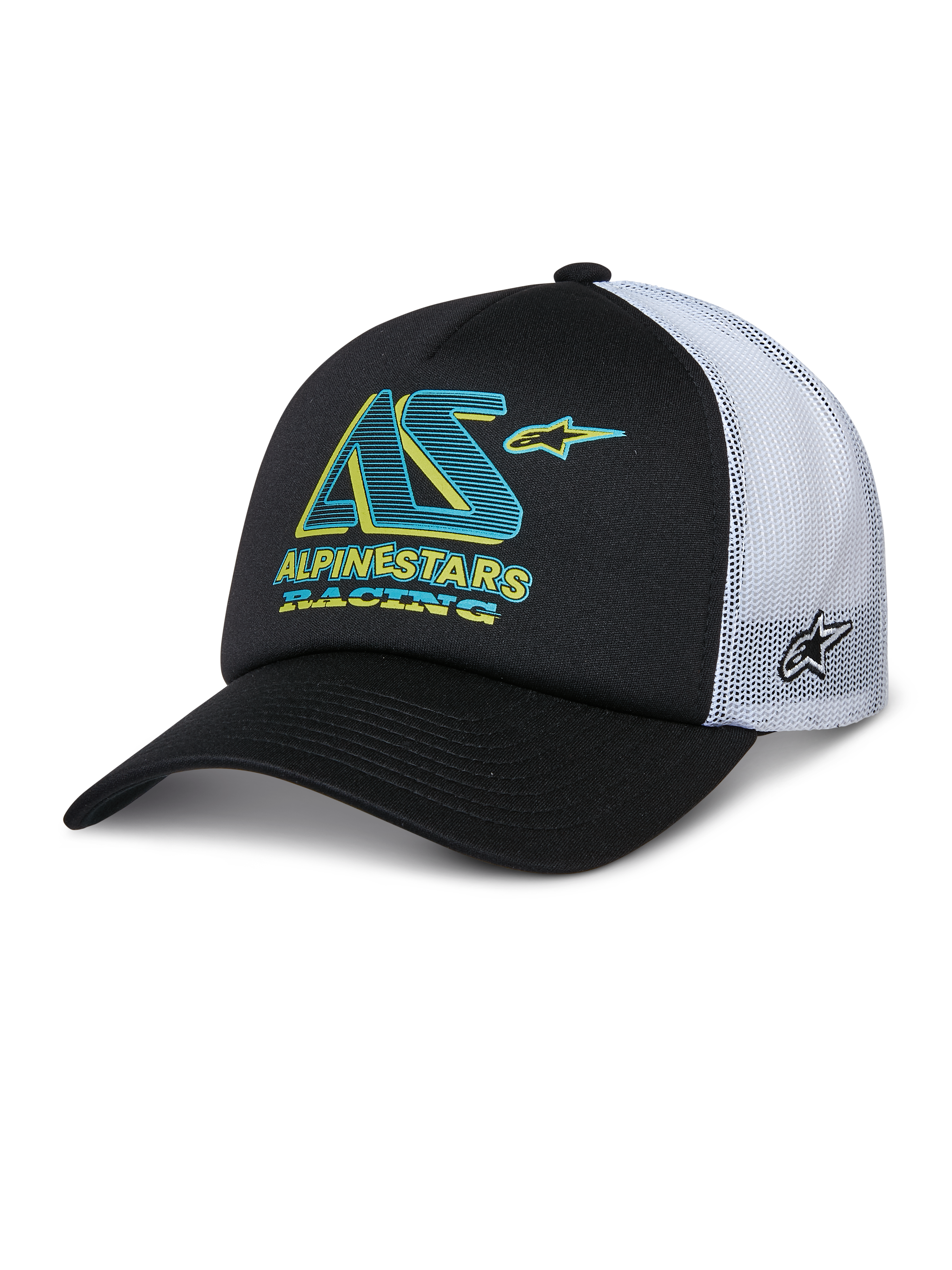 Alpinestars Ayess Trucker Hat, Black and White Trucker Cap, Curved Bill, White Mesh Back Panels, Teal and Yellow AS Logo with Alpinestars Racing text, Side Star Logo on mesh, Casual Motorsport Sportswear