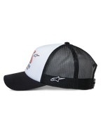 Alpinestars Ayess Trucker Hat, side view, white foam crown with colorful racing print, black curved bill, black mesh back panels with white embroidered Astar logo on the side, casual motorsport-inspired headwear