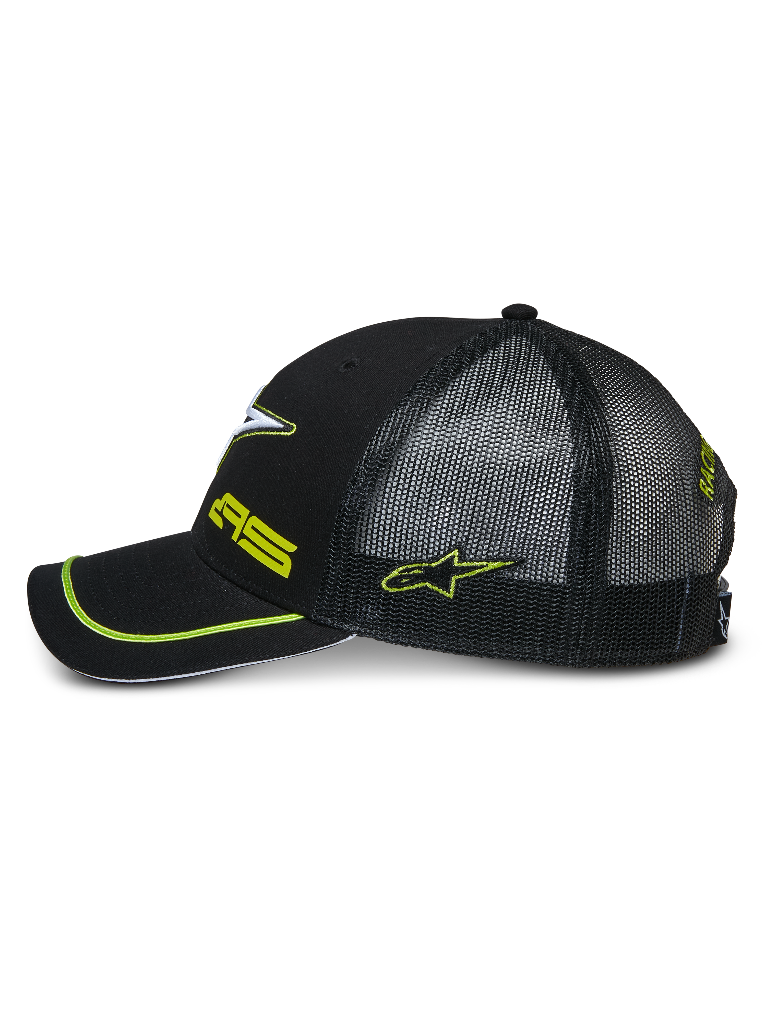 Alpinestars Exceed Trucker Hat, side profile of a black snapback cap, featuring a black mesh back, curved bill with neon green piping, neon green embroidered logos, casual motorsport headwear