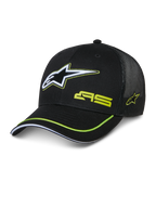 Alpinestars Exceed Trucker Hat, black trucker cap with structured front and mesh back, featuring a large white and lime green embroidered Astars logo, AS branding on crown, curved bill with lime green trim, casual motorsport headwear